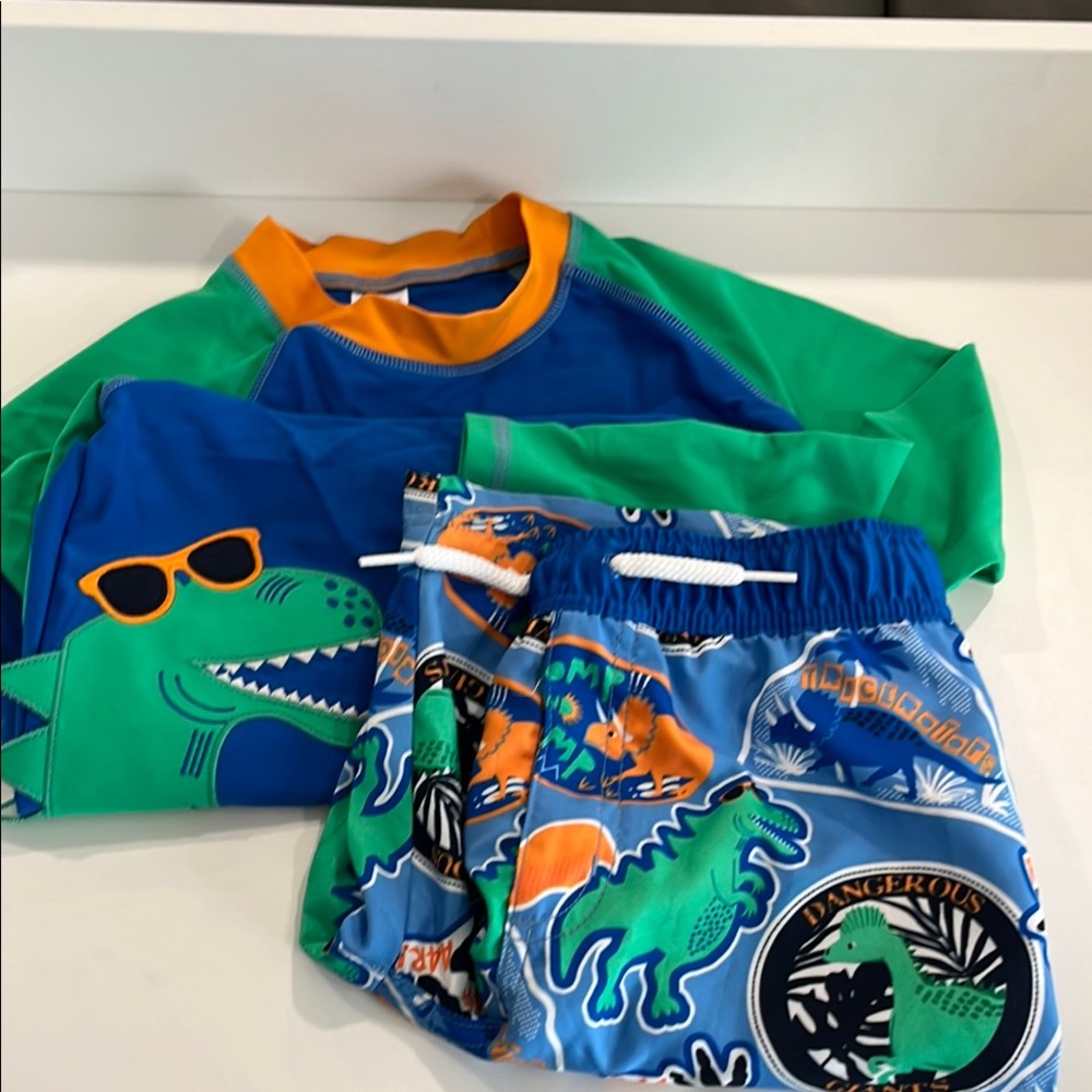 Dinosaur Print Kids Swim Set - Green and Blue